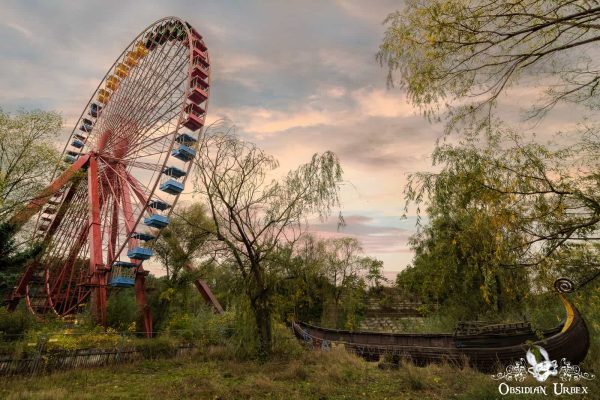 Spreepark Germany abandoned theme park ferris wheel and viking longship ride
