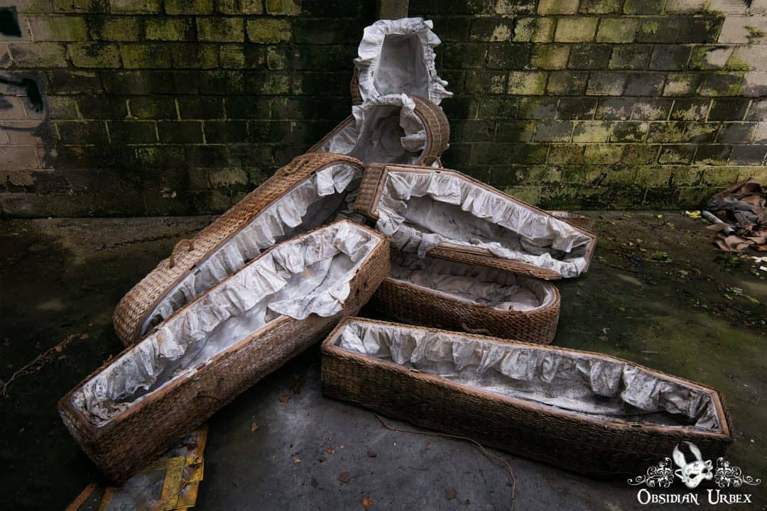 Lost Coffins Coffin Factory Belgium Wicker Caskets in Warehouse