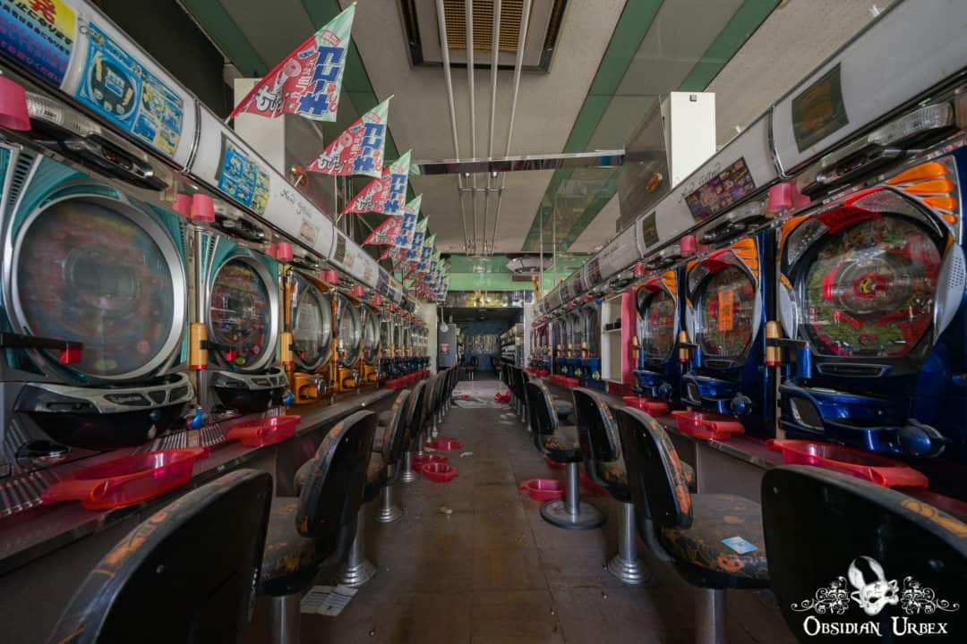Fukushima Pachinko Japan Haikyo Abandoned Slot Machines with Flags