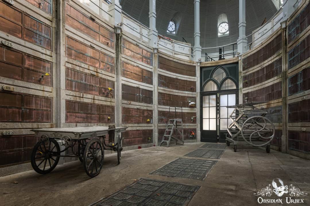 Oval Crypt Portugal Body Trolley and Scissor Lift In Burial Building