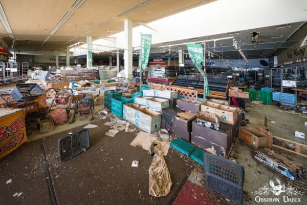 Fukushima Supermarket Japan Entrance Abandoned Fruit and Vegetable Stands