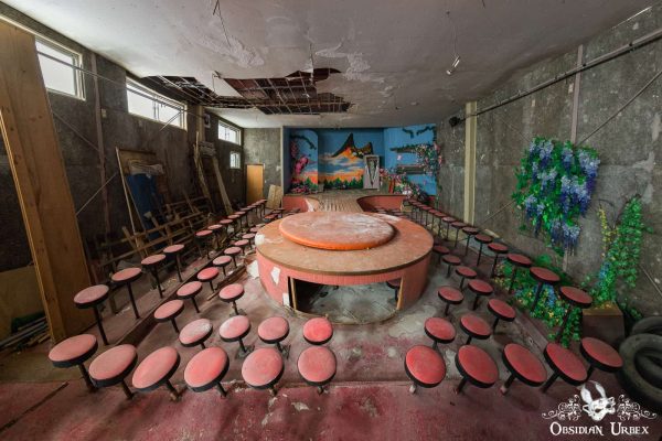 Japanese Strip Club Japan Abandoned Stage with Eagle Mural and Fake Flower Garlands