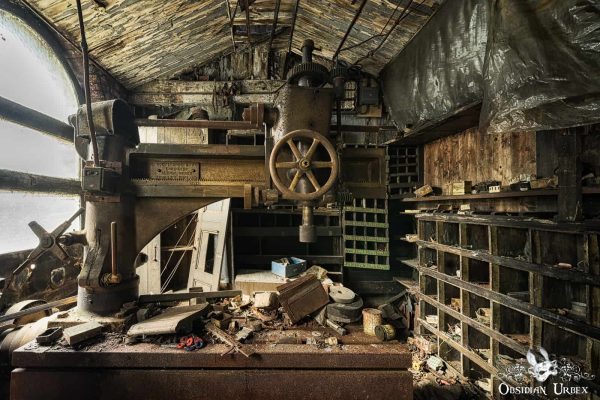 Victorian London Movie Set Close Up Of Rusty Machinery And Tool Shelves