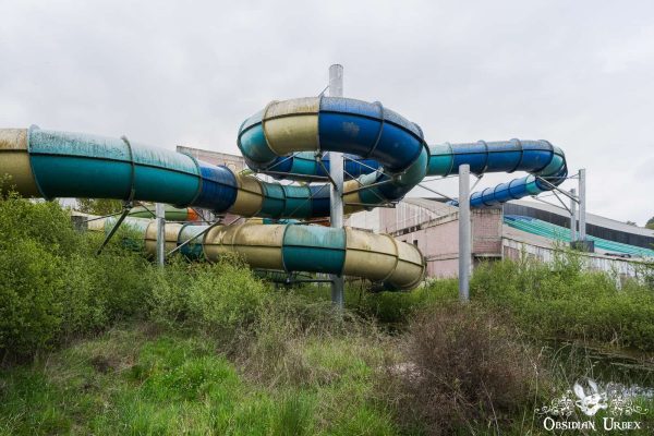 Unfinished Water Park Portugal Curving Blue And Yellow Slide