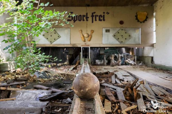 Kegelbahn GDR Nine Pin Bowling Alley Germany Close Up Of Ball On Rail